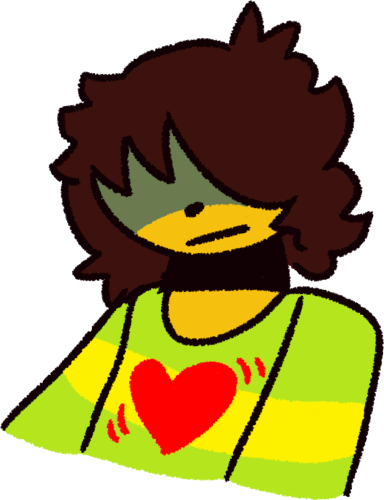 a yellow person with brown hair wearing a green shirt with a bright yellow stripe. Their face has a shadow over it and they have a blank expression. On top of their shirt is a bright red heart with curves around it, representing their soul.